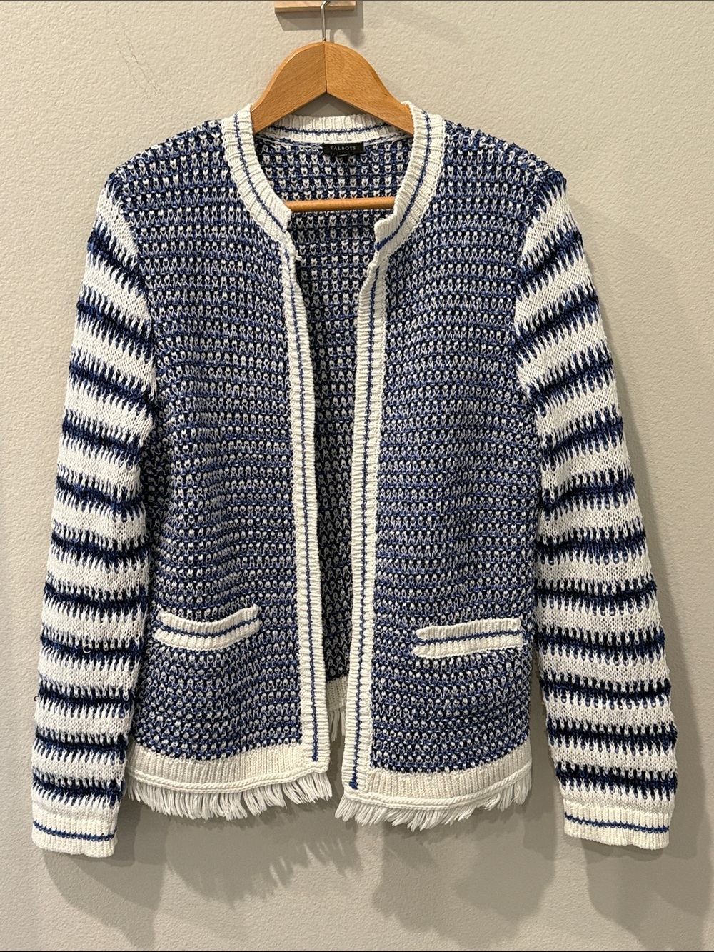 Talbots Blue & White Striped Knit Open Cardigan Sweater Jacket Size Medium